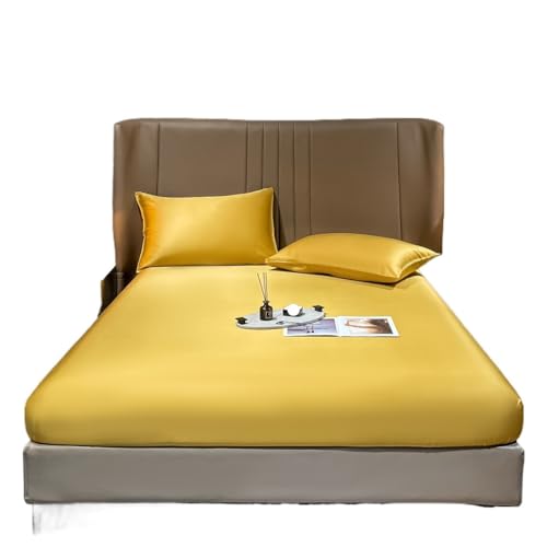 Ayztantine Spannbettlaken aus Naturseide, Matratzenbezug aus tiefer Seide, luxuriöse Bettwäsche Bedding Spannbettlaken(Yellow,180 x200x25cm)