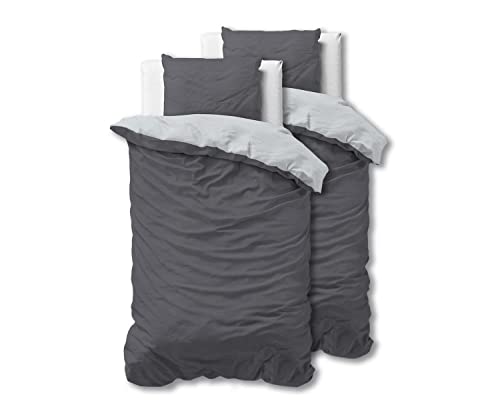 Sleeptime 100% Baumwolle Bettwäsche 135cm x 200cm 4teilig Grau/Anthrazit - weich & bügelfrei Bettbezüge mit Reißverschluss - zweifarbiges Bettwäsche Set mit 2 Kissenbezüge 80cm x 80cm