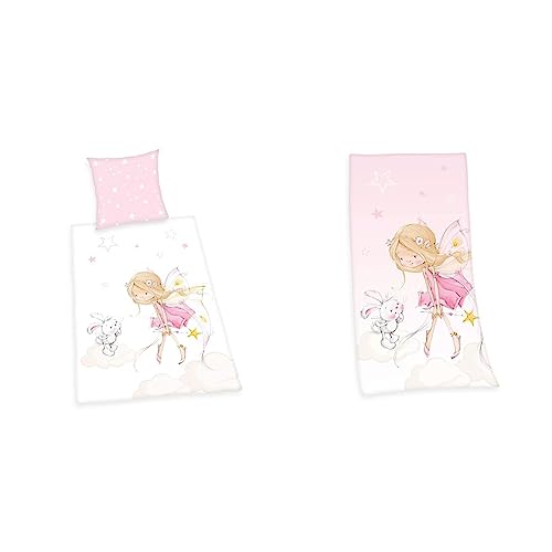 Herding Little Fairy Bettwäsche-Set, Wendemotiv, Kopfkissenbezug 80 x 80 cm, Bettbezug 135 x 200 cm, Baumwolle/Renforcé, Mehrfarbig & Little Fairy Velourstuch, Rosa, 75 x 150 cm