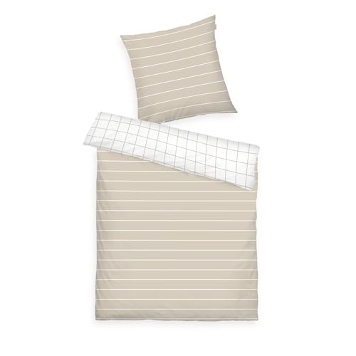 TOM TAILOR Renforcé-Bettwäsche, 70x90 cm + 140x200 cm, 100% Baumwolle/Renforcé, Mit Wendemotiv und farbigem Markenreißverschluss, Check & Stripes Beige (Sunny Sand & Crisp White)