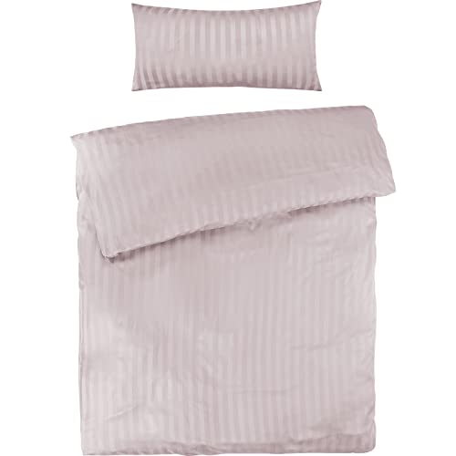 Pure Label Mako Satin Damast Streifen Bettwäsche rosa 135 x 200 cm mit Kissenbezug 40 x 80 cm aus 100% Baumwolle | Traumhaft weiches Mako Satin Bettwäsche Set in Uni