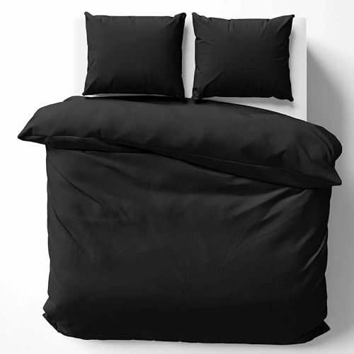 Cotton Castle Bettwäsche Bettgarnitur Bettbezug 100% Baumwolle 135x200 155x220 200x200 200x220, Farbe:Schwarz, Größe:135 x 200 cm