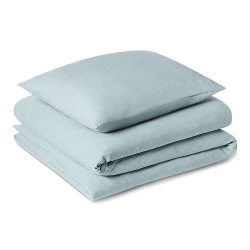 Amazon Basics Vorgewaschenes Mikrofaser-Bettwäsche-Se t, extra weich, natürlicher Knitter-Look, bügelfrei, 2-teilig, Einzelbett, Bettbezug 135 x 200 cm & Kissenbezug 80 x 80 cm, Blau