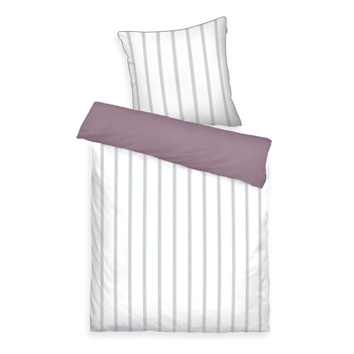 TOM TAILOR Satin-Bettwäsche, 60x80 cm + 140x200 cm, 100% Baumwolle/Satin, mit farbiger Paspel am Kissen, Wendemotiv und Markenreißverschluss, CLASSIC SATIN STRIPES Weiß, Lila (Cozy Mauve, Fresh Sage)