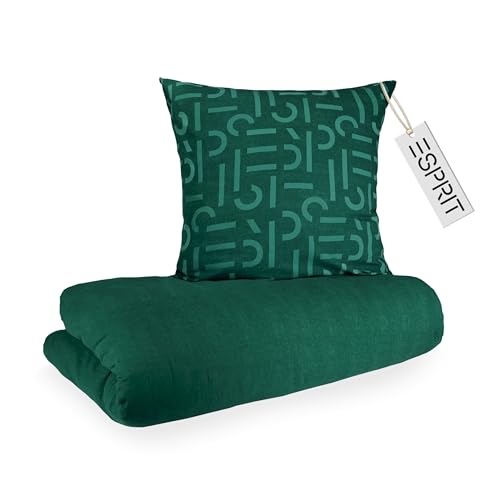 Esprit Flanell Winterbettwäsche 135x200 Baumwolle grün - Luxus Bettwäsche-Set 2teilig Öko - kuschelig warm & flauschig - 135 x 200 - Bettwäschebezug & Kopfkissenbezug 80x80cm - Weihnachten
