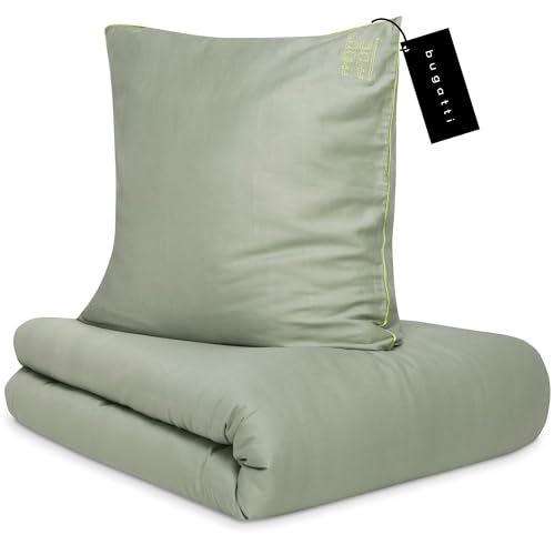 bugatti Bettwäsche 155x220 cm - 100% Baumwolle, Reißverschluss, anschmiegsam, weich & waschbar, Satinbettwäsche grün einfarbig