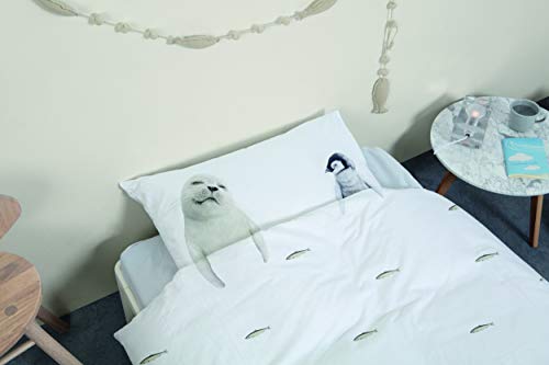Snurk Arctic Friends Bettwäsche-Set, 100% Baumwolle, weiß, Fischdruck, Pinguin und Robbe, Einzelbett