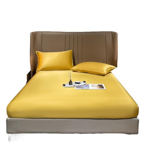 Luxuriöses gelbes Maulbeerseide-Spannbetttu ch, tiefe Tasche, 25 cm, Queen-Size-Größe, 153 x 203 x 35 cm, weiche und atmungsaktive Bettwäsche, echte Seide, Matratzenbezug, Premium-Bettwäsche
