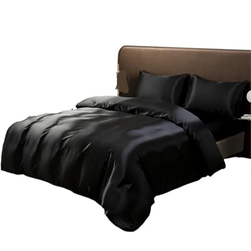SUBLXPoten Seidenbettwäsche Set Schwarzes Eisseiden-Bettwäscheset, seidiges Satin-Bettbezug-Set mit Kissenbezug, Textilien, einfarbige Bettbezug-Sets(Black,203x 229cm 3pcs)