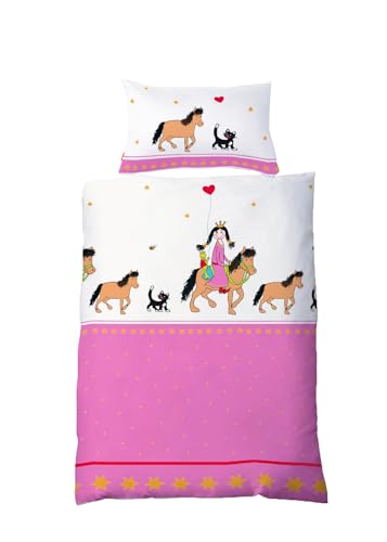 JACK by Fleuresse Renforcé Bettwäsche Baby 2 TLG. 100x135cm Prinzessin Pferd Katze Pink Weiß Reißverschluss