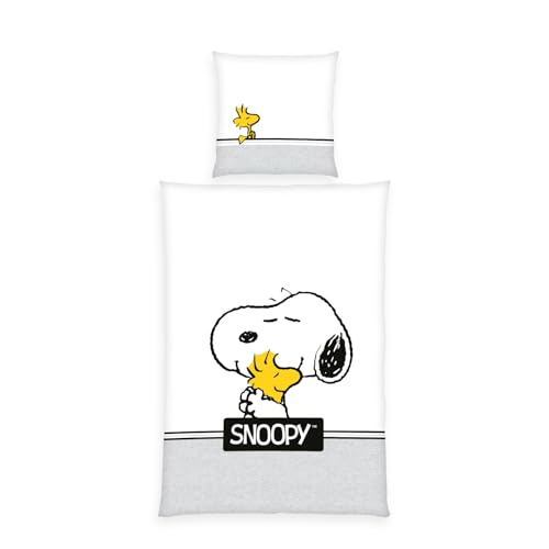Herding Bettwäsche Peanuts, Snoopy, Kopfkissenbezug 80 x 80 cm mit Wende-Motiv, Bettbezug 135 x 200 cm, Mit Reißverschluss, 100% Baumwolle/Renforcé, Weiß/Grau