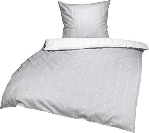 Lorena Monaco Mako Satin Wende Bettwäsche Streifen (Silber grau, 155 cm x 220 cm + 80x80cm Kissen) 100% Baumwolle mit Mélange-Effekt