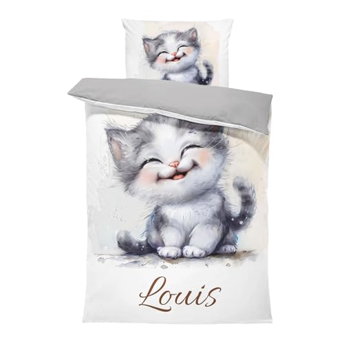 Pictogogo Personalisierte Baby Bettwäsche, Kinderbettwäsche, Bettwäsche Mit Namen, Babybett Komplett Set Mit Reißverschluss, Oeko-TEX Standard 100 (Graue Katze, 100 x 135 cm)