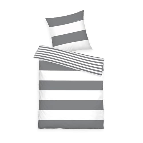 TOM TAILOR Renforcé-Bettwäsche, 80x80 cm + 135x200 cm, 100% Baumwolle/Renforcé, mit Wendemotiv und Markenreißverschluss, SIENA, Grau, Weiß