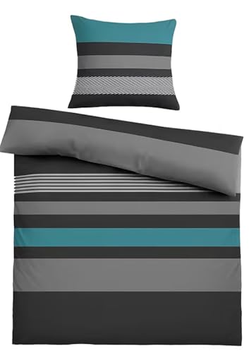 KH-Haushaltshandel 2-TLG. Biber Winter Bettwäsche 135x200 +80x80 cm, 100% Baumwolle, grau Petrol, quergestreift(40149GrauPe trol1x)