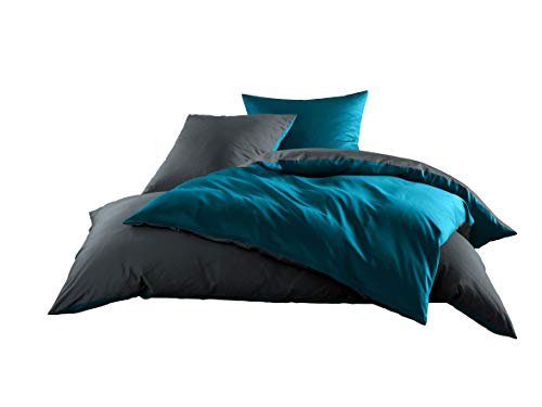 Bettwaesche-mit-Stil Mako Satin Baumwollsatin Wende Bettwäsche Garnitur - viele Farben und Größen (anthrazit - Petrolblau, 1x 135x200 + 1x 80x80 cm)