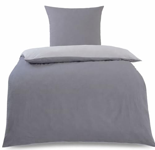 KH-Haushaltshandel 2-TLG. Baumwoll Seersucker Wende Bettwäsche, 135x200 +80x80cm, grau hellgrau Uni, bügelfrei, 100% Baumwolle (W4230201x)