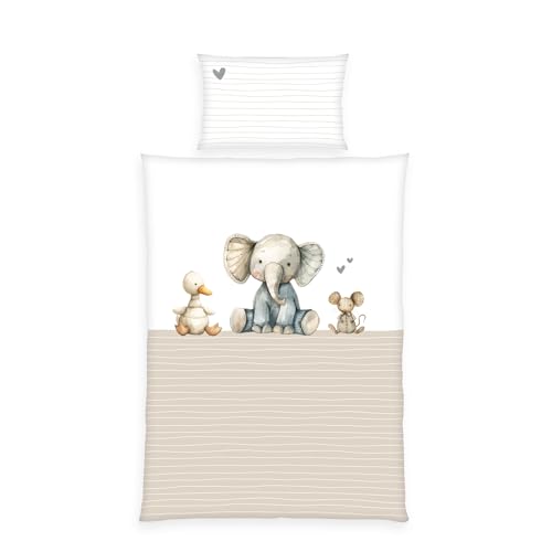 Herding babybest Kleinkinder-Bettwäsche-S et, Cuddle Crew, Wendemotiv, Bettbezug 100x135cm, Kopfkissenbezug 40x60cm, Mit Hoteleinschlag und Reißverschluss, 100% Baumwolle/Renforcé, Weiß/Beige