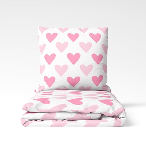 MTOnlinehandel Herzen Bettwäsche 135x200 Flanell, Biber, Herzklopfen Herz-Motiv in rosa pink, Winterbettwäsche Mädchenbettwäsche, 1x Kissenbezug 80x80 + Bettbezug 135x200, 100% Baumwolle (135x200)