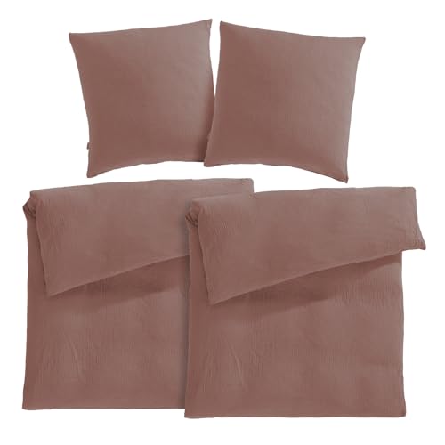 Pure Label Musselin Bettwäsche 135x200 4 teilig bestehend aus Bettbezug 135 x 200 cm 2er Set + Kissenbezug 80x80 cm 2er Set aus Baumwolle   Traumhaft kuschelige Bettwäsche Sets in braun