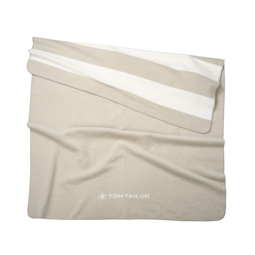 TOM TAILOR Jacquard Decke, 150x200 cm, 58% Baumwolle, 32% Polyacryl, 10% Polyester/ Jacquard, mit Wendemotiv, Kettelnaht und gewebtem Logo, JACQUARD BLANKET Beige (Sunny Sand & Crisp White)