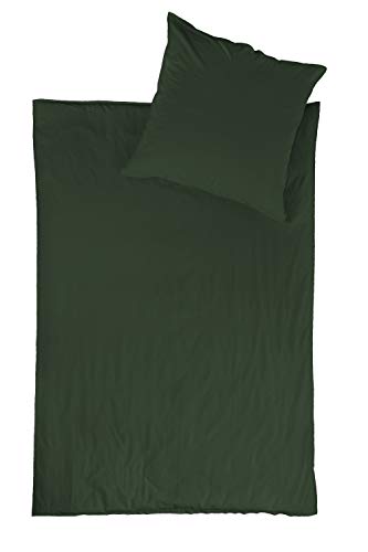 jilda-tex Bio-Bettwäsche Stone-Washed Renforce Lissabon 100% Bio-Baumwolle Knitterlook Stehsaum Bügelfrei Uni Leinen-Optik Bügelfrei GOTS Made in Green (Waldgrün, 155 x 220 cm)