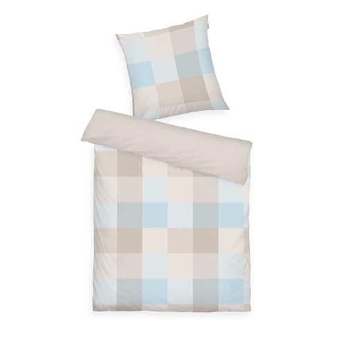 Tom Tailor Flanell-Bettwäsche, 70x90 cm + 140x200 cm, 100% Baumwolle/Flanell, mit Wendemotiv und farbigem Reißverschluss, Bold Mosaic Beige, Hellblau (Nature, Sunny Sand & Sky Blue)
