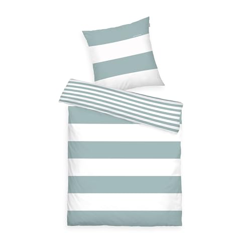 TOM TAILOR Renforcé-Bettwäsche, 80x80 cm + 155x220 cm, 100% Baumwolle/Renforcé, mit Wendemotiv und Markenreißverschluss, SIENA, Weiß, Türkis (Fresh Sage)