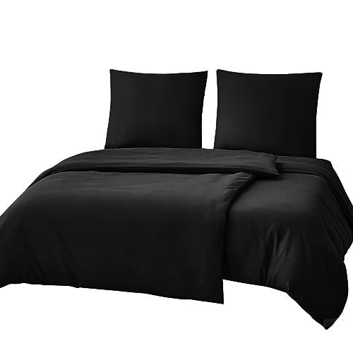 RUIKASI Bettwäsche 4teilig Schwarz   Polyester Mikrofaser Bettwäsche Sets Oeko TEX, 2 Bettbezüge 135x200cm + 2 Kissenbezüge 80x80cm Reißverschluss, Weich und Bügelfrei