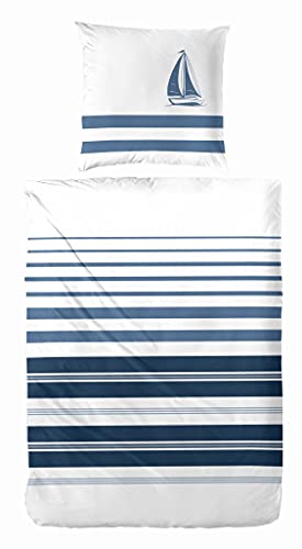 Hahn Renforcé Baumwolle Bettwäsche 2tlg. Set mit Reißverschluss, Maritim Weiss Blau Gestreift Möwen 155x220 cm + 80x80 cm