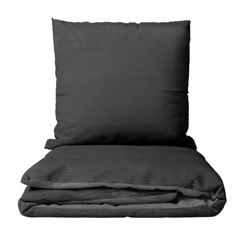 Leonado Vicenti Bettwäsche Seersucker Mikrofaser Set Einfarbige Uni Garnitur Bezug Kissen Decke, 2teilig, 135x200 cm, Grau