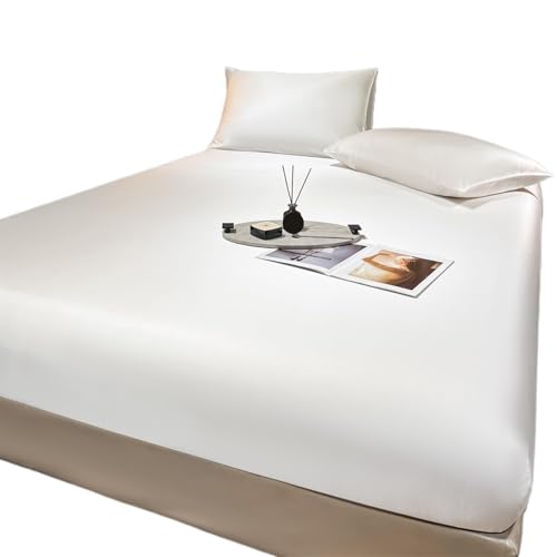 ry Stretch-Seiden-Bettwäsch e, tiefe Tasche, 25 cm, weiches Satin-Spannbetttuch in Weiß, individuelle Größe, Seidenmatratzenbezug, hypoallergen, atmungsaktiv