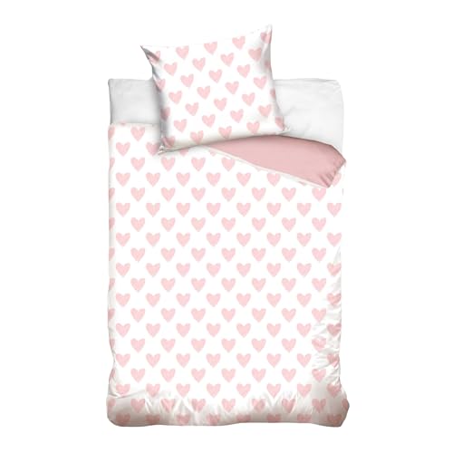 MTOnlinehandel Kinder Bettwäsche Set 135x200 80x80 cm · Bettwäsche mit Herzen · 100% Baumwolle mit YKK Reißverschluss · sanft, weich Mädchenbettwäsche weiß rosa Herzchen