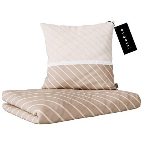 bugatti Bettwäsche 155 x 220 cm - 100% Baumwolle, Reißverschluss, anschmiegsam, weich & waschbar, Mako Satinbettwäsche gestreift beige