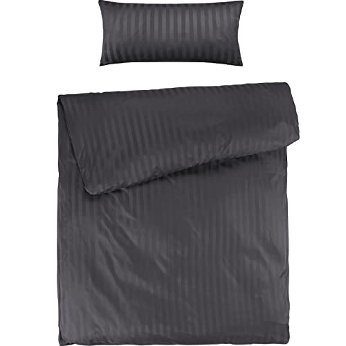 Pure Label Mako Satin Damast Streifen Bettwäsche dunkelgrau 155x220 cm mit Kissenbezug 40x80 cm aus 100% Baumwolle - Traumhaft weiches Mako Satin Bettwäsche Set in Uni
