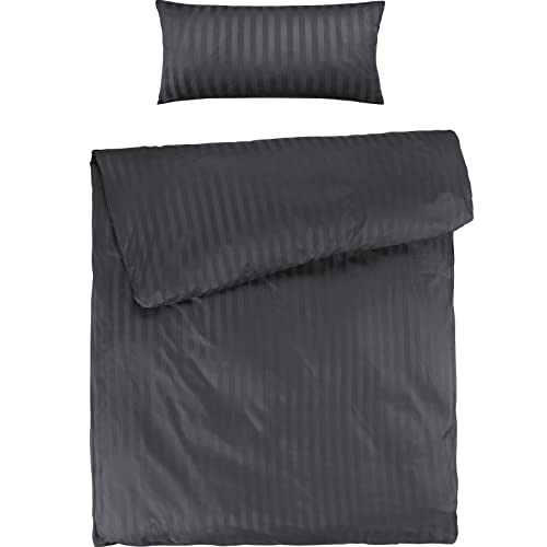 Pure Label Mako Satin Damast Streifen Bettwäsche dunkelgrau 155x220 cm mit Kissenbezug 40x80 cm aus 100% Baumwolle | Traumhaft weiches Mako Satin Bettwäsche Set in Uni
