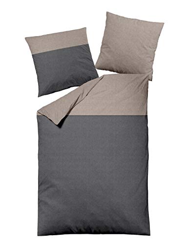 jilda-tex Biber Bettwäsche Made IN Germany Melange 135x200 cm + 80x80 cm 100% Baumwolle Feinbiberbettwäsche Edel-Flanell Verschiedene Größen/Farben (Dunkelgrau/Streifen Beige, 135 x 200 cm)