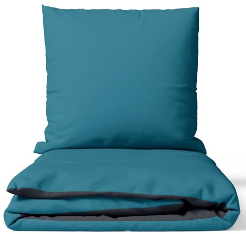 Leonado Vicenti Hochwertige Feinbiber Bettwäsche Silber/Petrol 155x220 cm - 100% Baumwolle, Einfarbig und Wendbar, Bettbezug mit verdecktem Reißverschluss