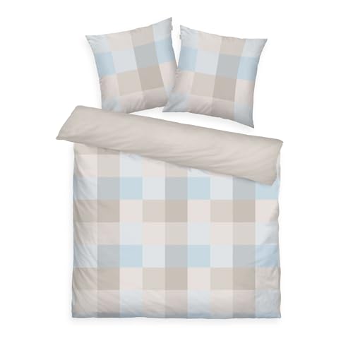 Tom Tailor Flanell-Bettwäsche, 2 * 80x80 cm + 200x220 cm, 100% Baumwolle/Flanell, mit Wendemotiv und farbigem Reißverschluss, Bold Mosaic Beige, Hellblau (Nature, Sunny Sand & Sky Blue)