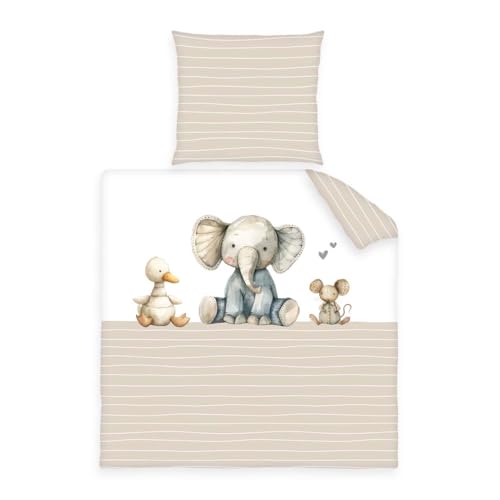 Herding babybest Wiegenbettwäsche Cuddle Crew, Kopfkissenbezug 35 x 40 cm, Bettbezug 80 x 80 cm, Mit Hoteleinschlag, Baumwolle/Renforcé, Weiß, Beige