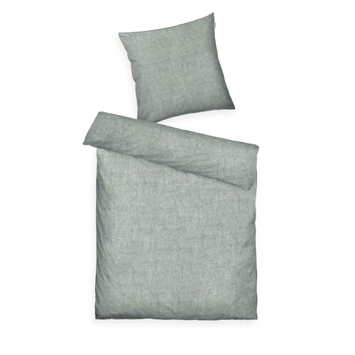TOM TAILOR Melange-Bettwäsche, 80x80 cm + 135x200 cm, 40% Baumwolle/ 25% Viskose / 35% Polyester, Mit Stehsaum und Markenreißverschluss, WOVEN MELANGE Grün (Soft Forest)