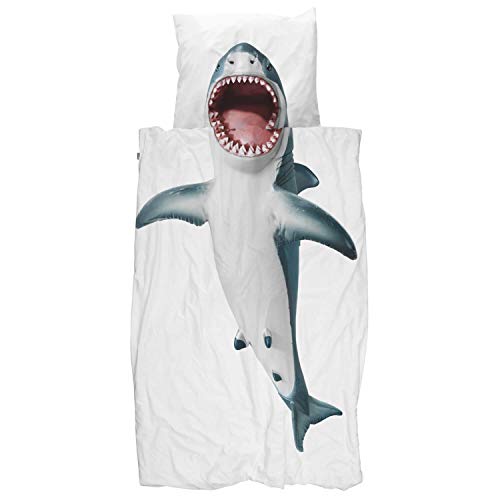 Snurk Bettwäsche Hai Blau Weiß Shark Kinder Meerestier Meer Fisch Flosse Zähne Wasser Baumwolle Perkal 135 cm x 200 cm