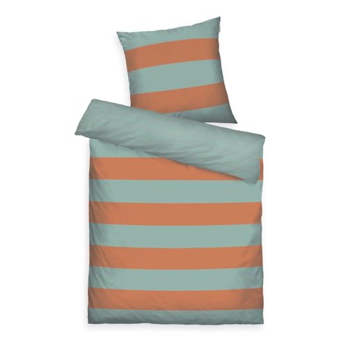 TOM TAILOR Renforcé-Bettwäsche, 80x80 cm + 135x200 cm, 100% Baumwolle/Renforcé, mit Wendemotiv und farbigem Markenreißverschluss, BOLD STRIPES Orange, Türkis (Warm Coral & Fresh Sage)