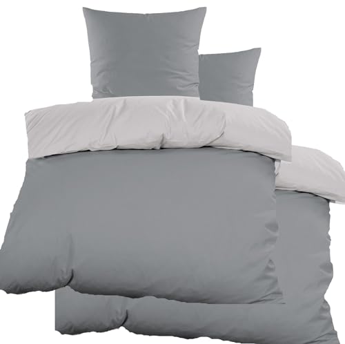 KH-Haushaltshandel 4-TLG. Renforce Wende Bettwäsche 2X(135x200 + 80x80cm), 100% Baumwolle, grau Silber, Uni/einfarbig (P-RenGrauSilber2x)