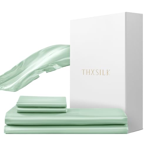 THXSILK Seidenbettwäsche Set 2 teilig?Bettbezug 135 x 200 cm und 40 x 80 cm Kissenbezug, Luxus Seide Bettwäsche Set, Super Weich und Glatt, Hellgrün