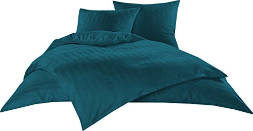 Bettwaesche-mit-Stil Mako Satin Damast Bettwäsche Garnitur Waves Petrol Blau (140x200 cm + 70x90 cm)