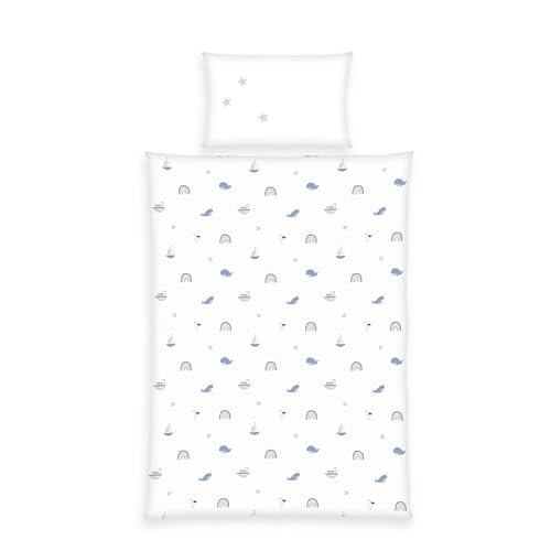 Herding babybest Bettwäsche Little Ocean, Kopfkissenbezug ca. 40 x 60 cm, Bettbezug ca. 100 x 135 cm, Mit Knopfleiste und Hoteleinschlag, 100% Baumwolle, Flanell, Weiß/Hellblau