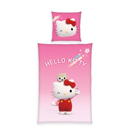Herding Bettwäsche Hello Kitty, Kopfkissenbezug 80 x 80 cm mit Wende-Motiv, Bettbezug 135 x 200 cm, Mit Reißverschluss, 100% Baumwolle/Renforcé