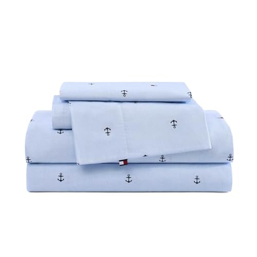 Tommy Hilfiger Bettlaken für Doppelbett, frische und kühle Baumwoll-Perkal-Bettwäsc he mit passendem Kissenbezug, leichtes Bettwäsche-Set, Schlafsaal-Essentials, Öko-Tex-Zertifiziert (Anker und Flagge