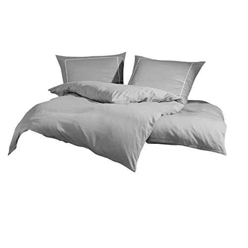 Lorena Uni Mako-Satin Bettwäsche Classic Zierstich Silber, 1 Bettbezug 135 x 200 cm + 1 Kissenbezug 80 x 80 cm